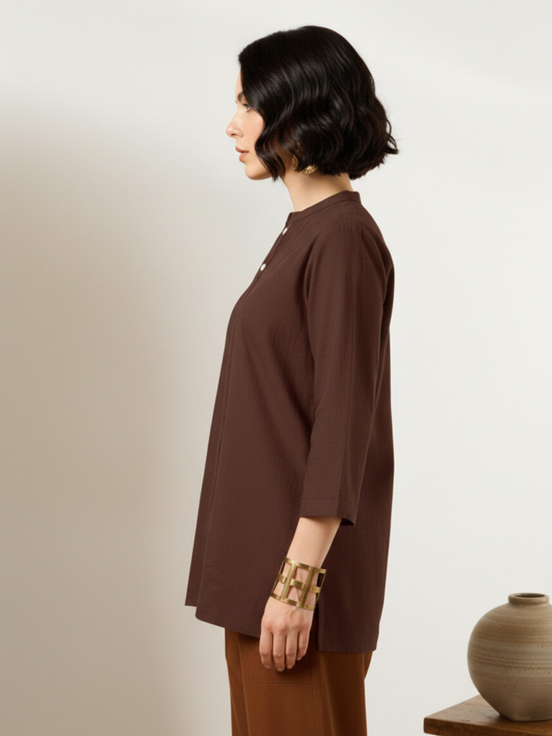Classic Linen Dark Brown Short Kurta