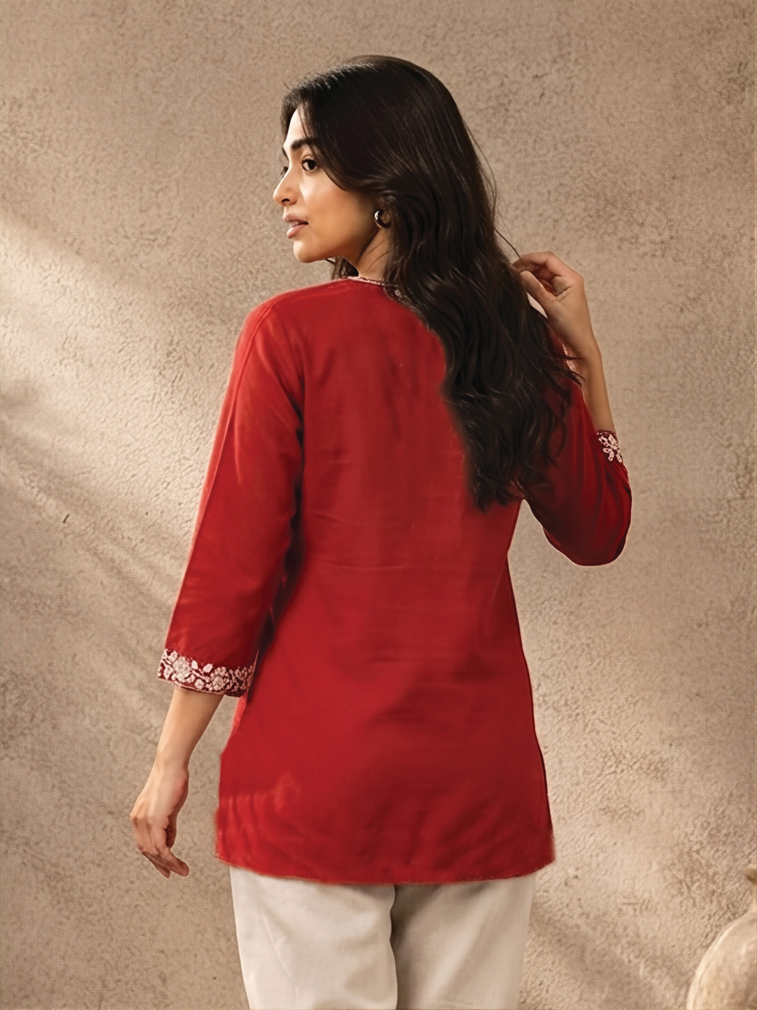 Red Floral Embroidered Short Kurta