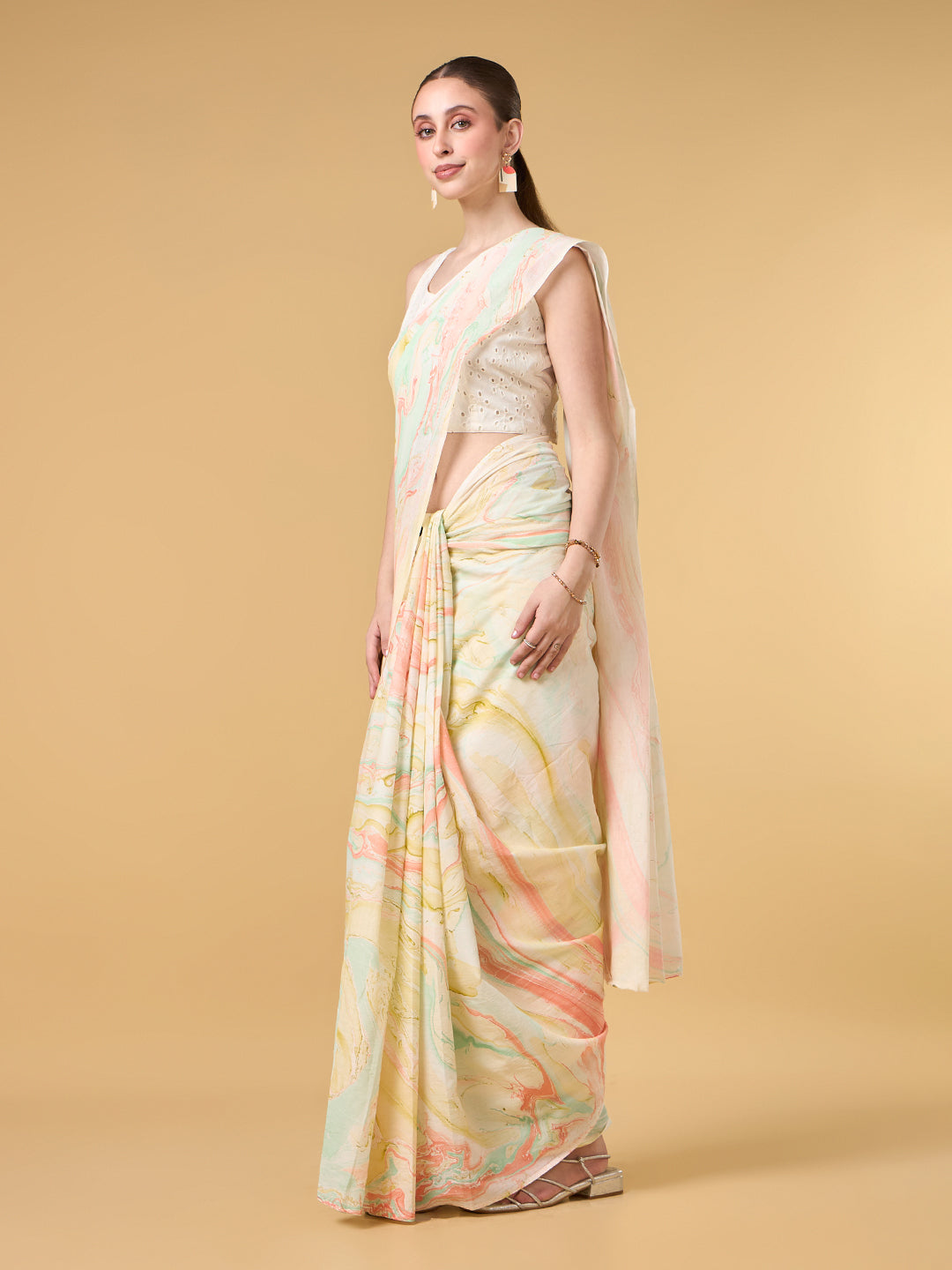 Misty Blue Hand Marble Printed Cotton Saree