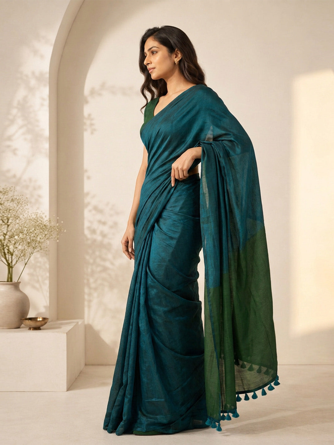 Dark Teal Green Contrast Cotton Saree