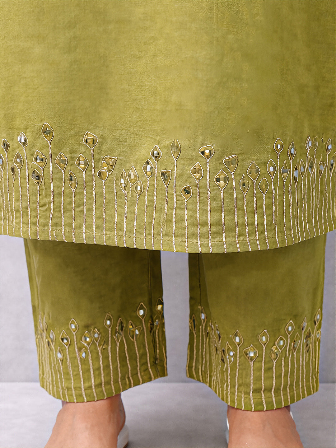 Saanjh Olive Green Mirror Work Cotton Suits