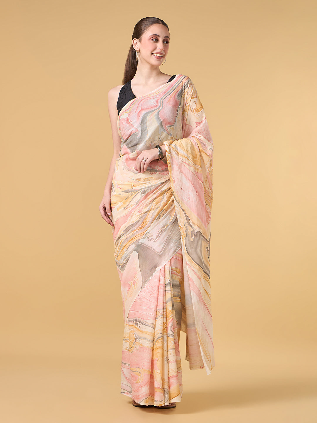 Pale Grey Hand Marble Printed Cotton Saree