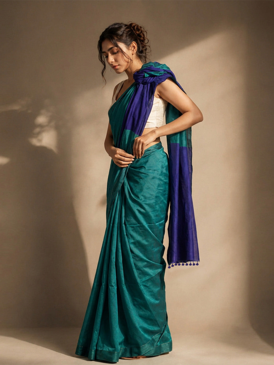 Teal Green Contrast Cotton Saree