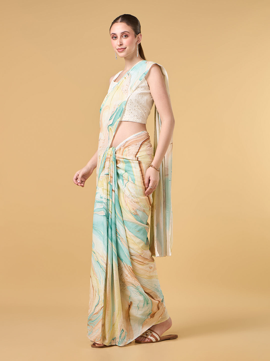 Ocean Blue Hand Marble Printed Cotton Saree