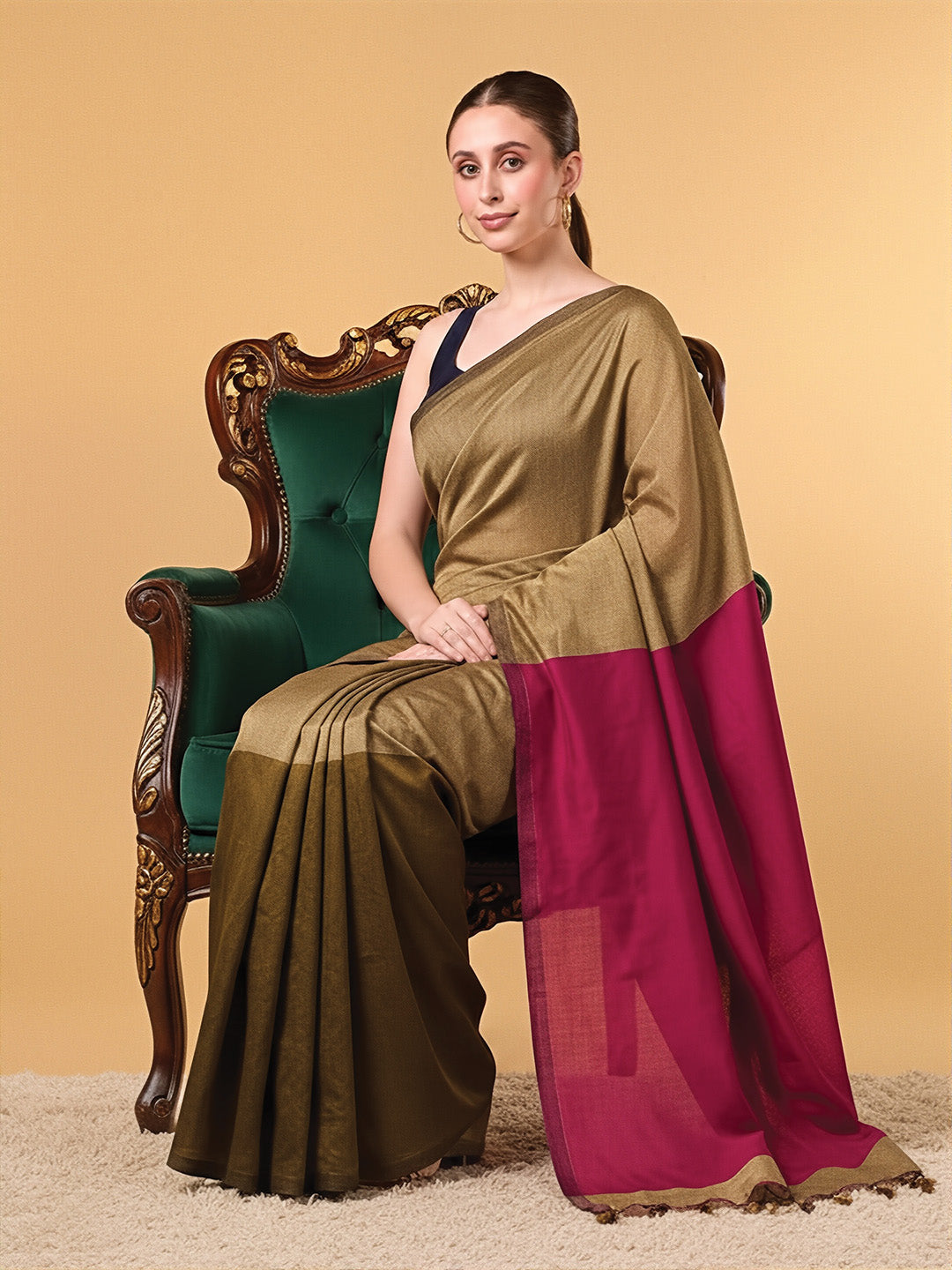 Pink Olive Contrast Cotton Saree