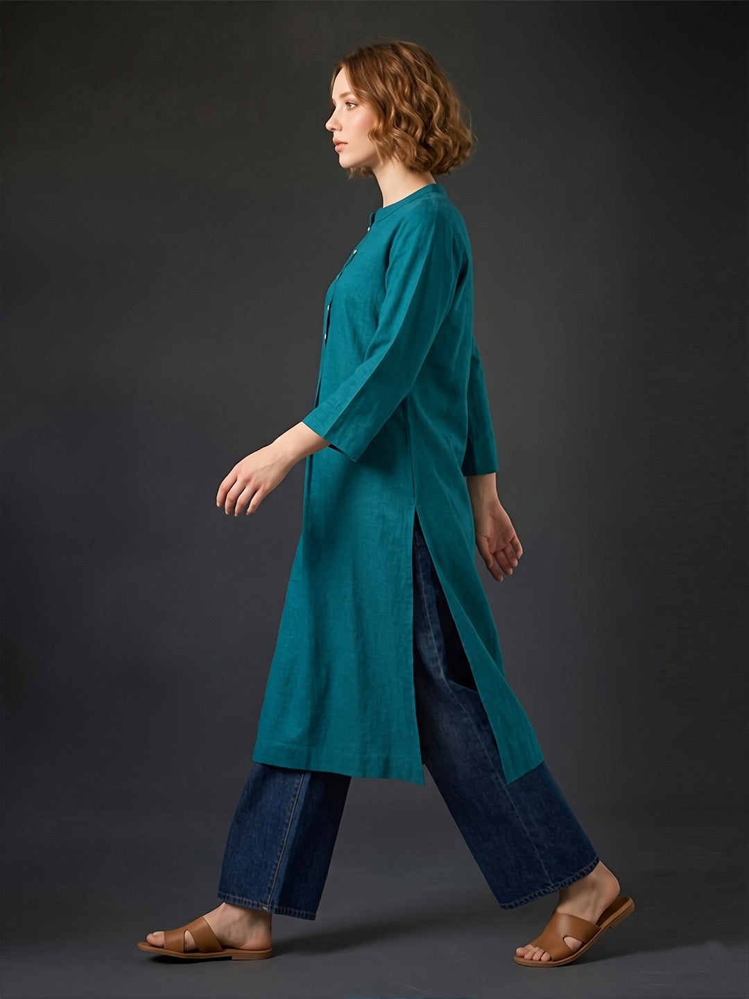 Classic Linen Teal Green Straight Long Kurta