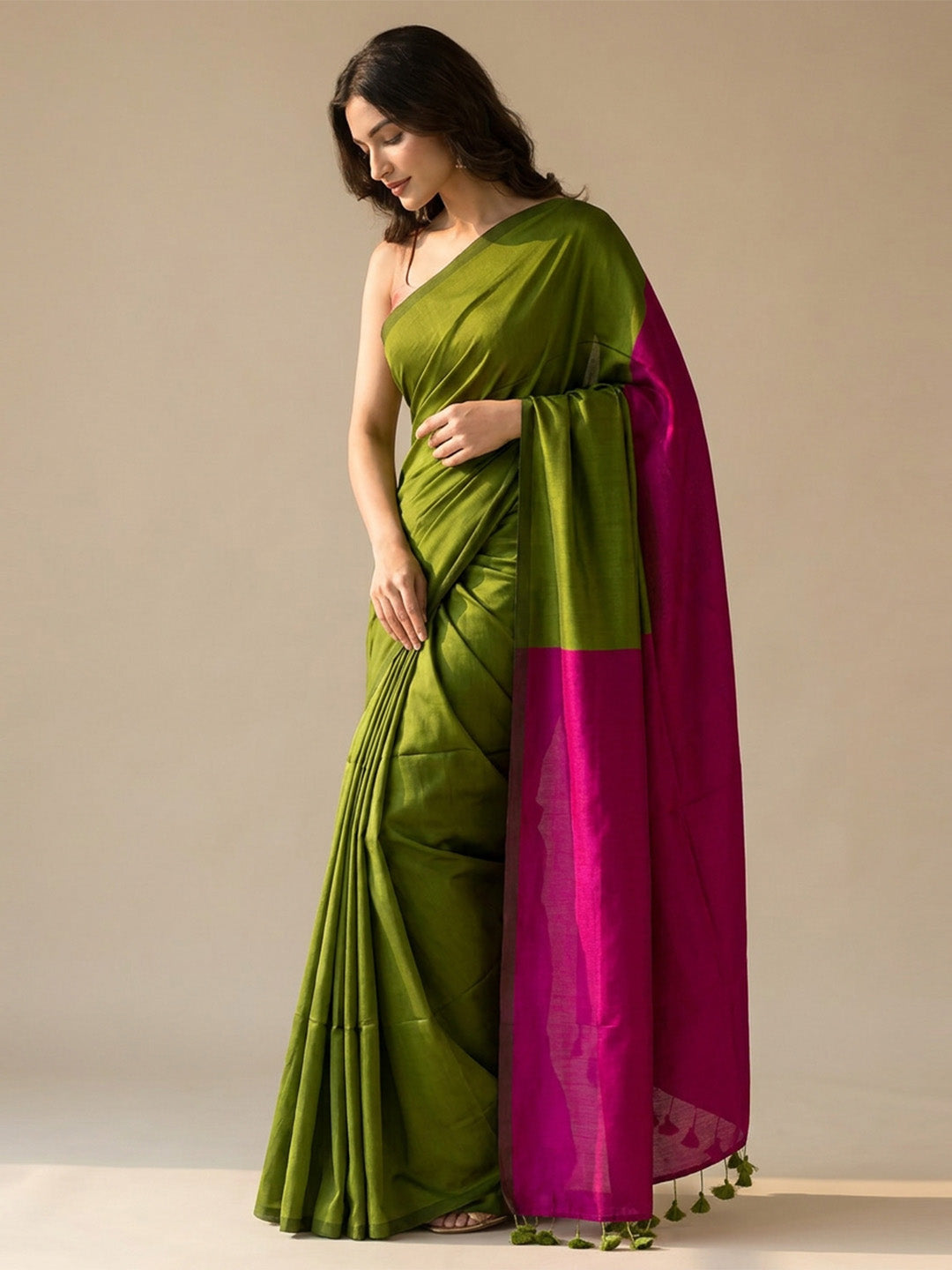 Green Pink Contrast Cotton Saree