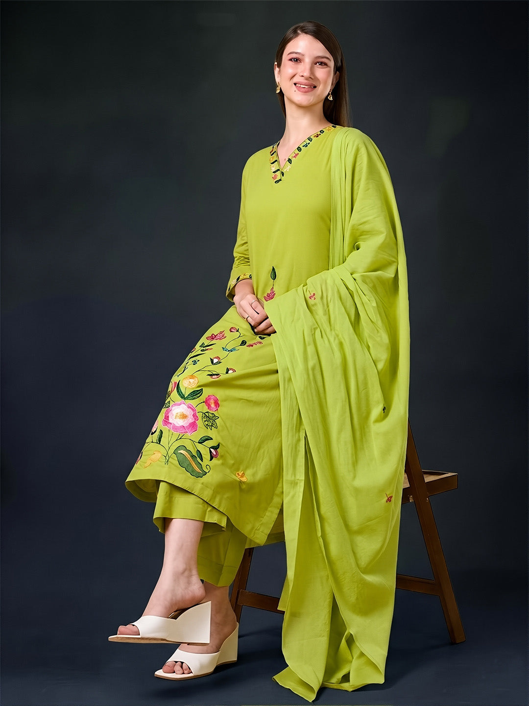 Green Embroidered Cotton Suit