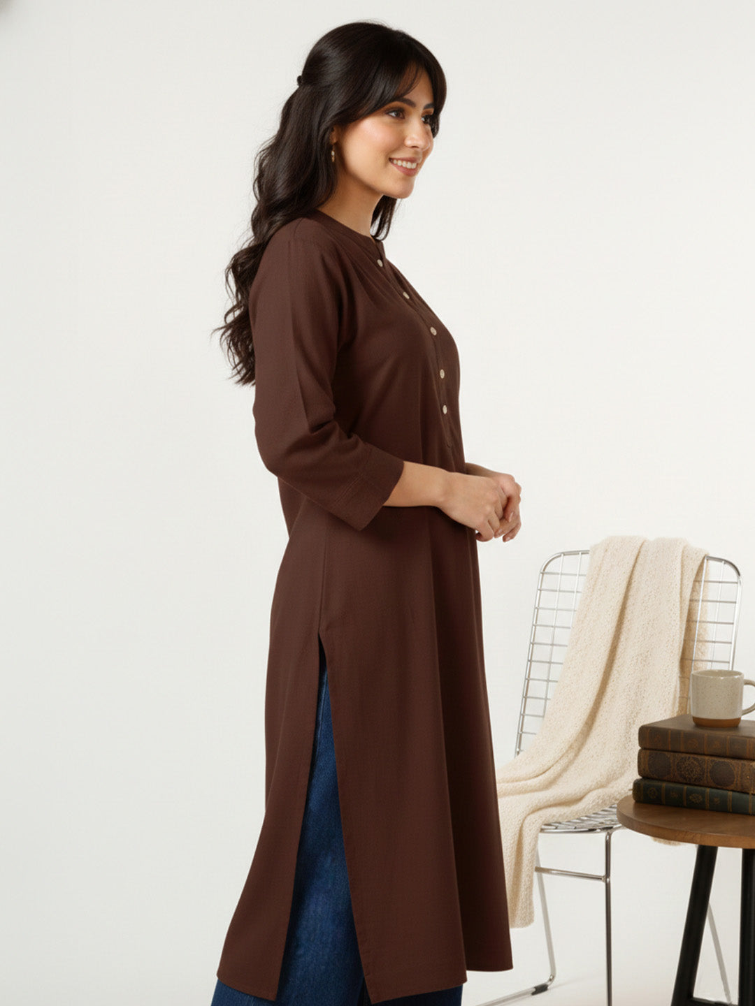 Classic Linen Dark Brown Straight Long Kurta