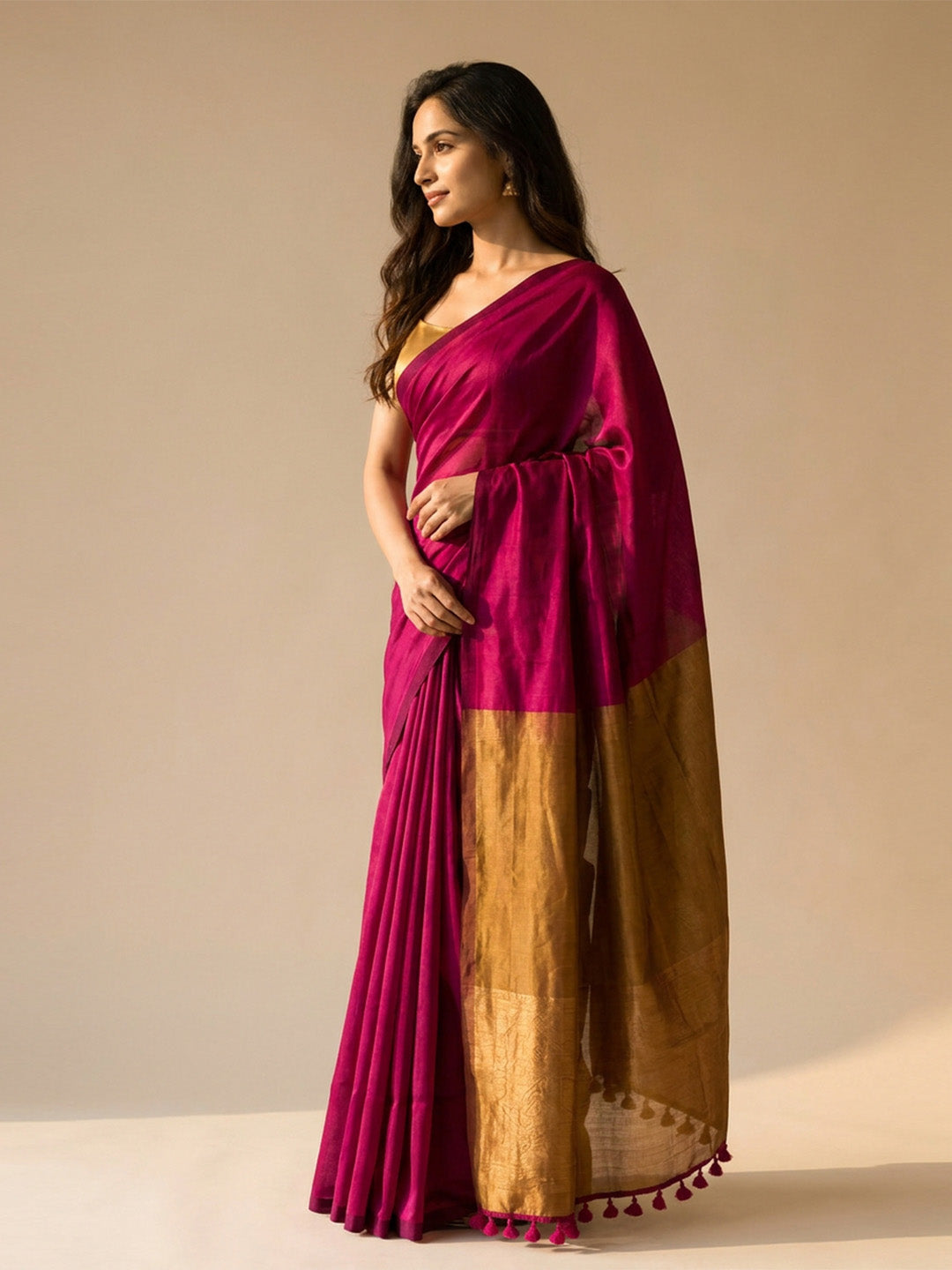 Rani Pink Gold Contrast Cotton Saree