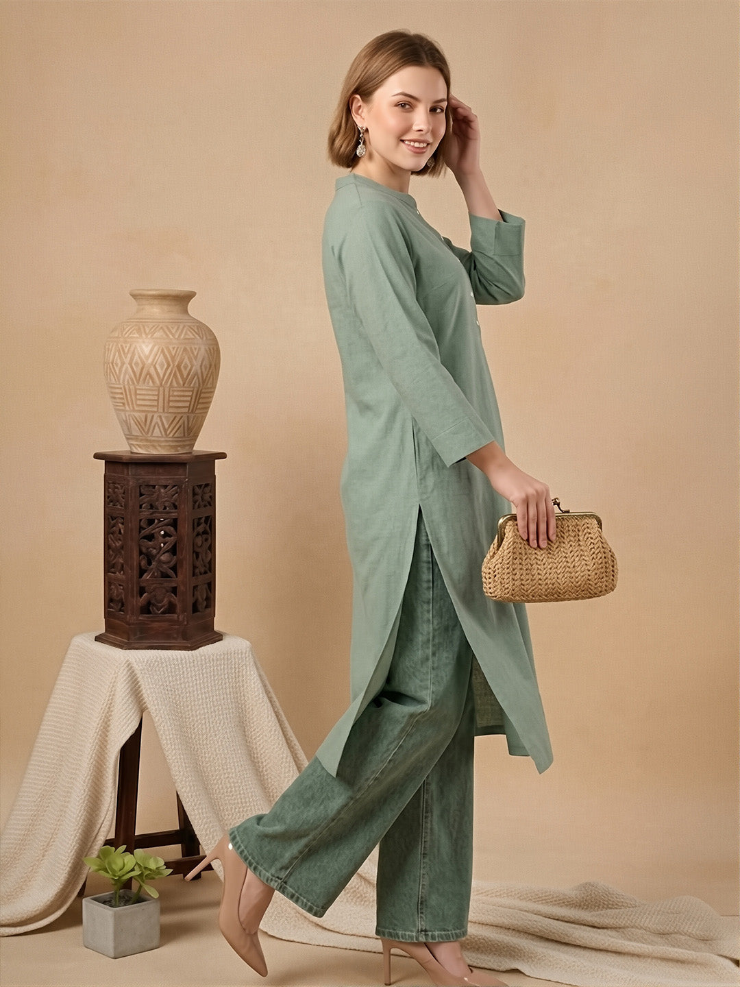 Classic Linen Smoke Green Straight Long Kurta