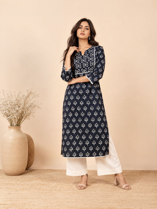 Black Leaf Print Lace Work Cotton Kurta