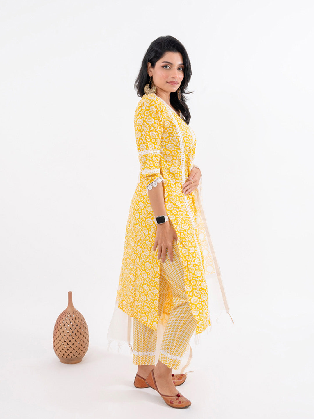 Amber Yellow Floral Print with Lace Work Cotton Suit
