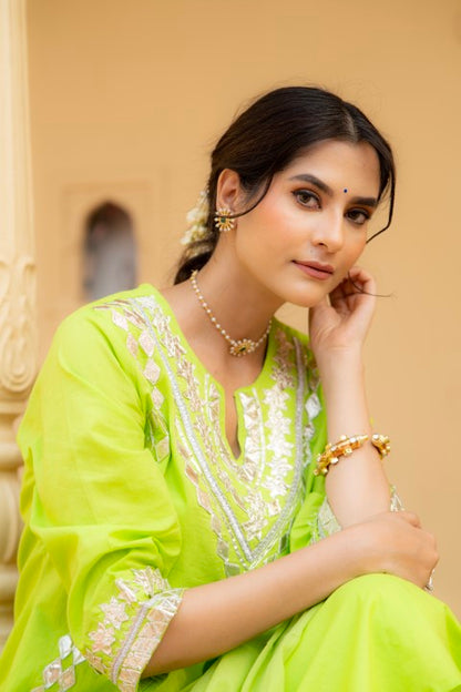 Adaah Parrot Green Cotton Festive Suit