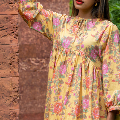 Yellow Floral Block Printed Cotton Dress