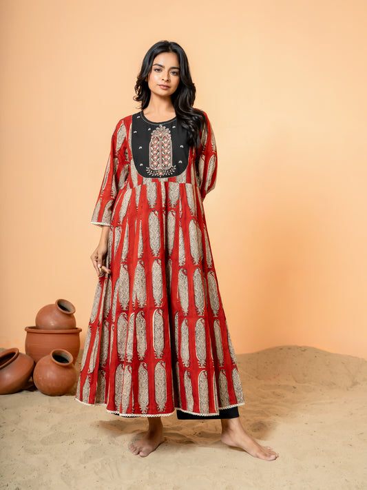 Red Paisley Anarkali Cotton Kurta