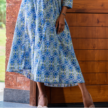 Blue French Country Printed Cotton Dress