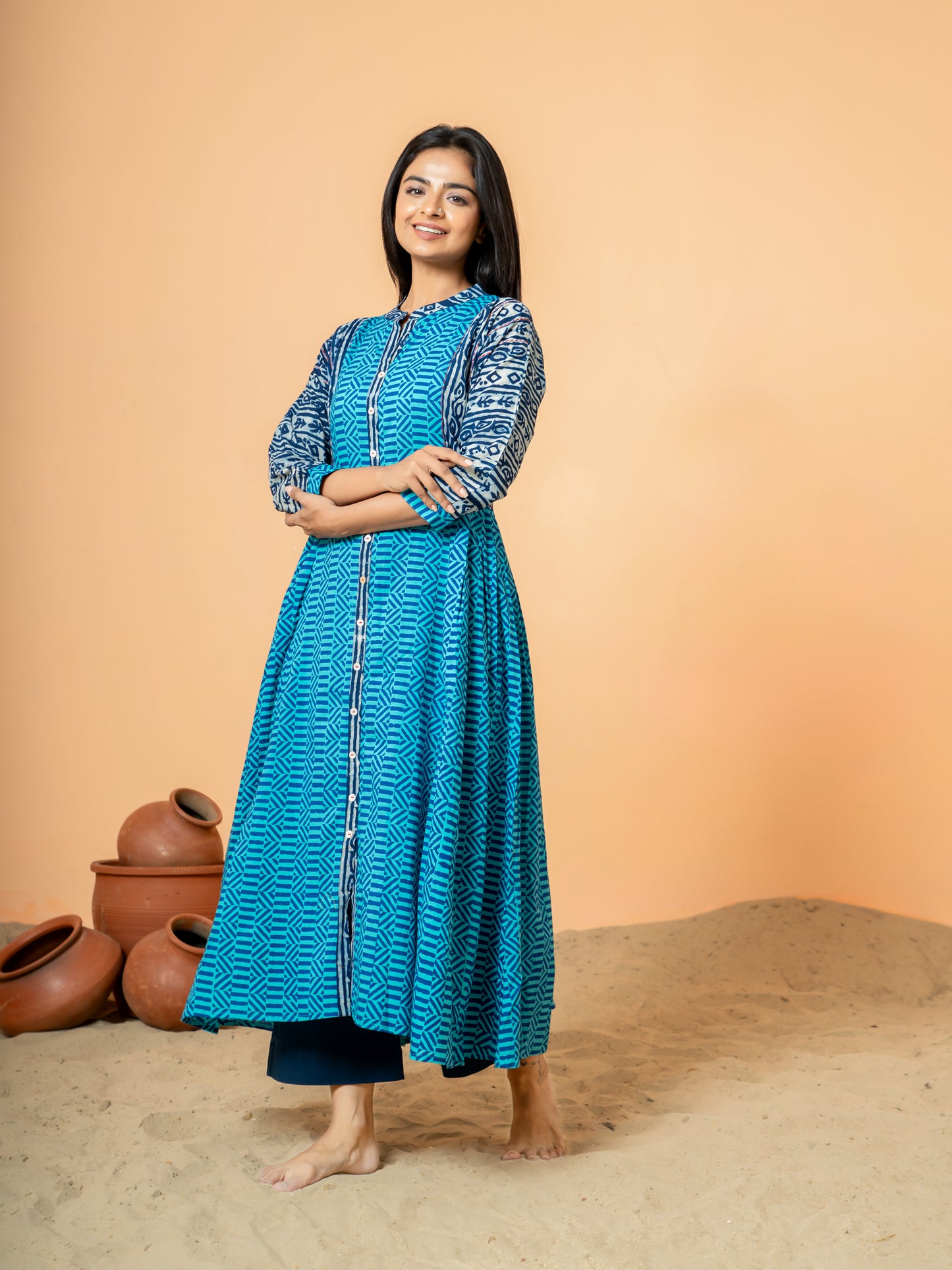 Blue Chervon Anarkali Cotton Kurta