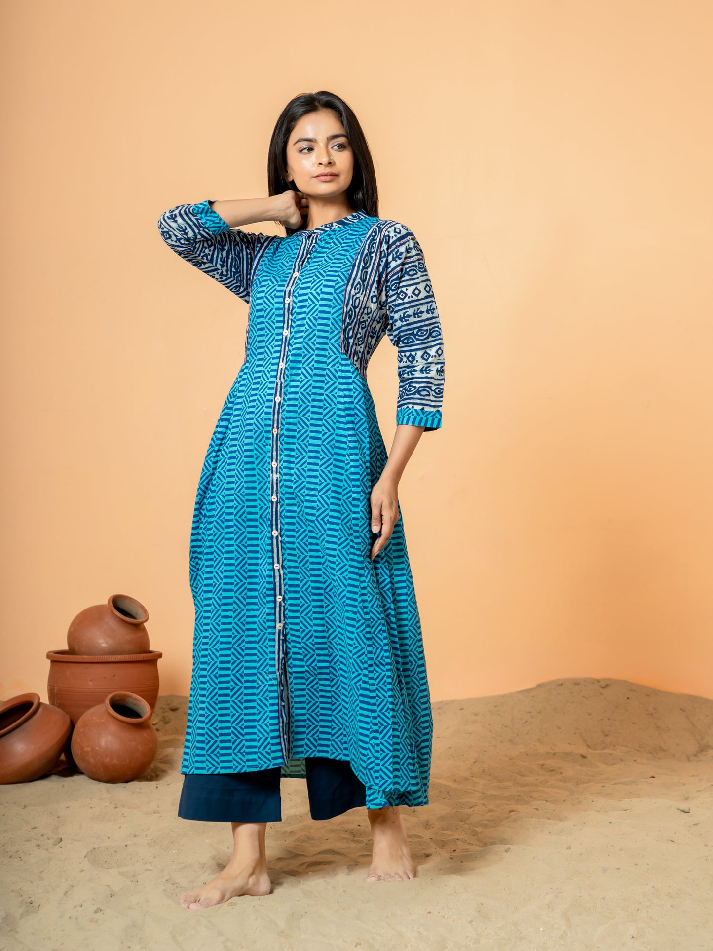 Blue Chervon Anarkali Cotton Kurta