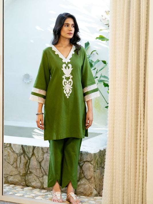 Green Applique Airy Linen Co-ord Set