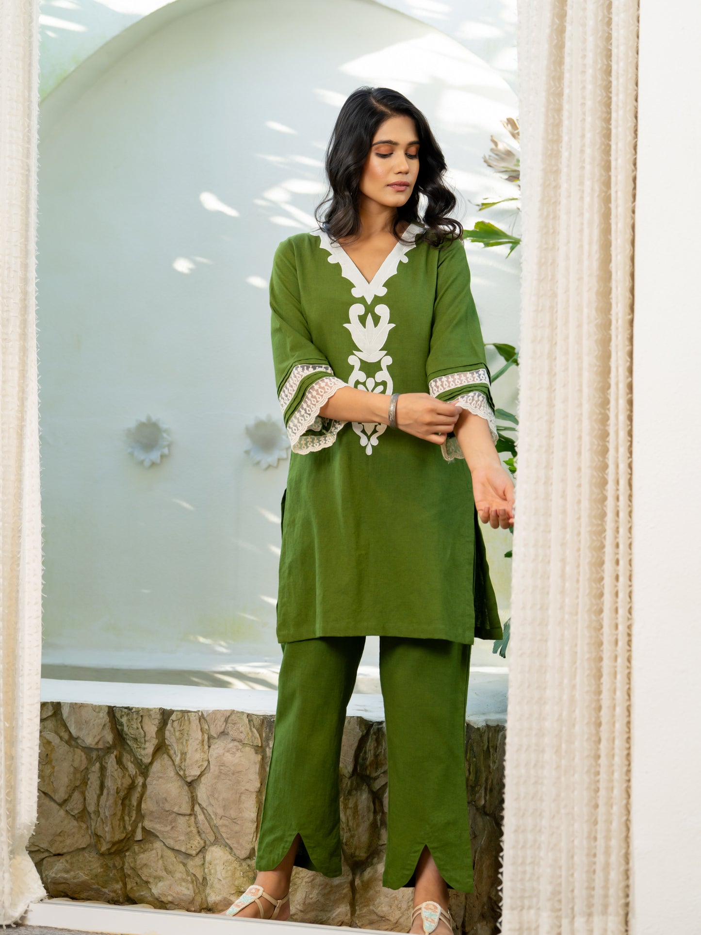 Green Applique Airy Linen Co-ord Set