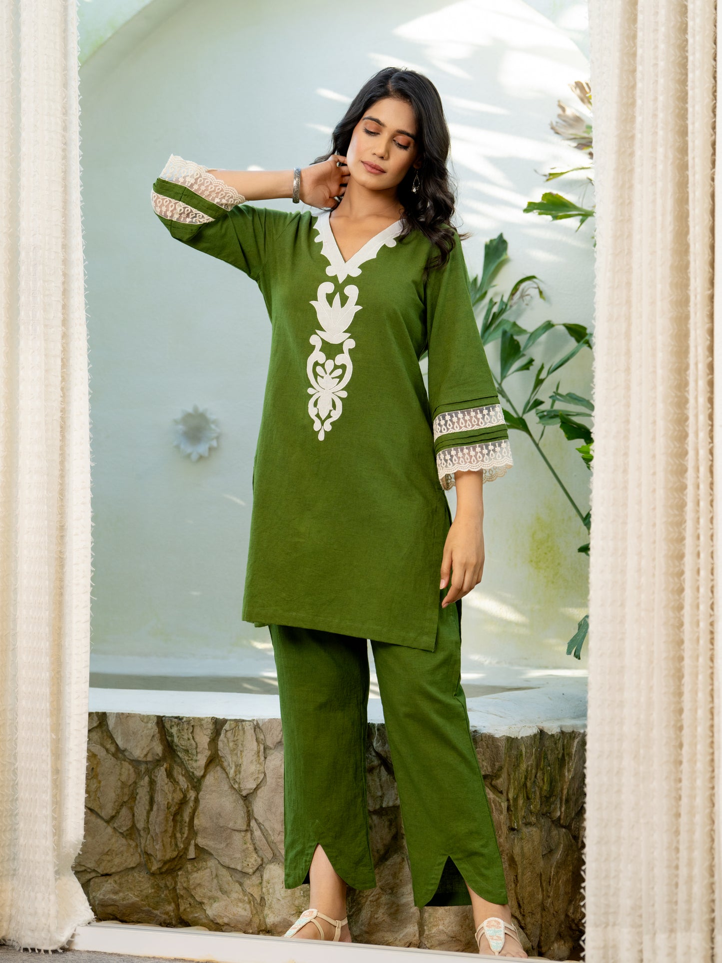 Green Applique Airy Linen Co-ord Set