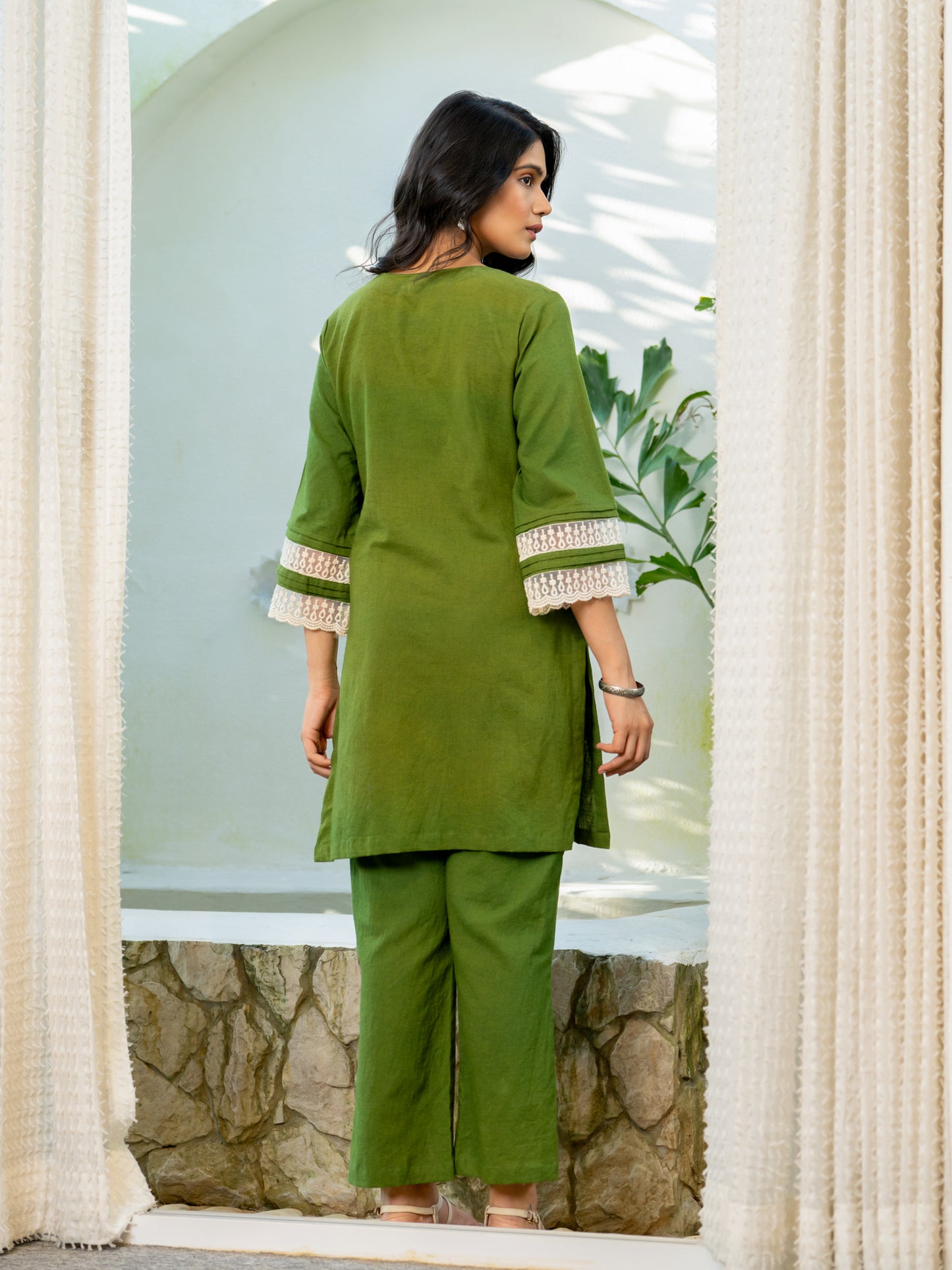 Green Applique Airy Linen Co-ord Set