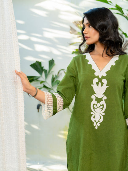 Green Applique Airy Linen Co-ord Set