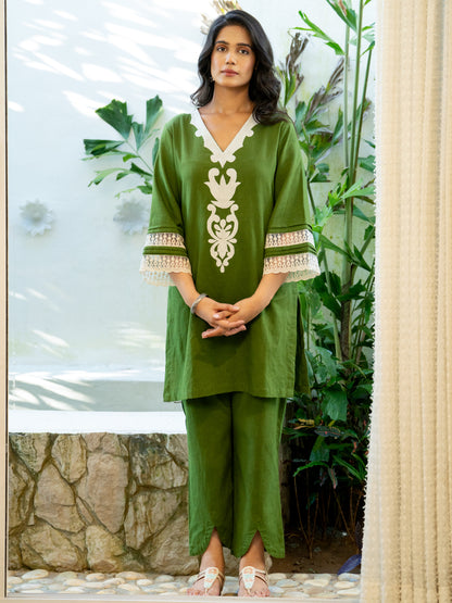 Green Applique Airy Linen Co-ord Set