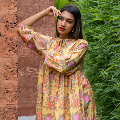 Yellow Floral Block Printed Cotton Dress