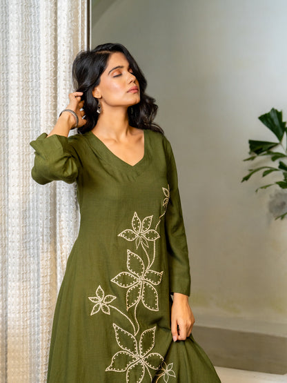 Seaweed Green Hand Crafted Airy Linen Dress