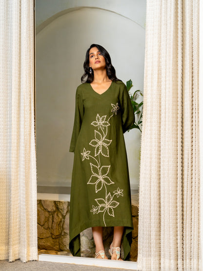 Seaweed Green Hand Crafted Airy Linen Dress