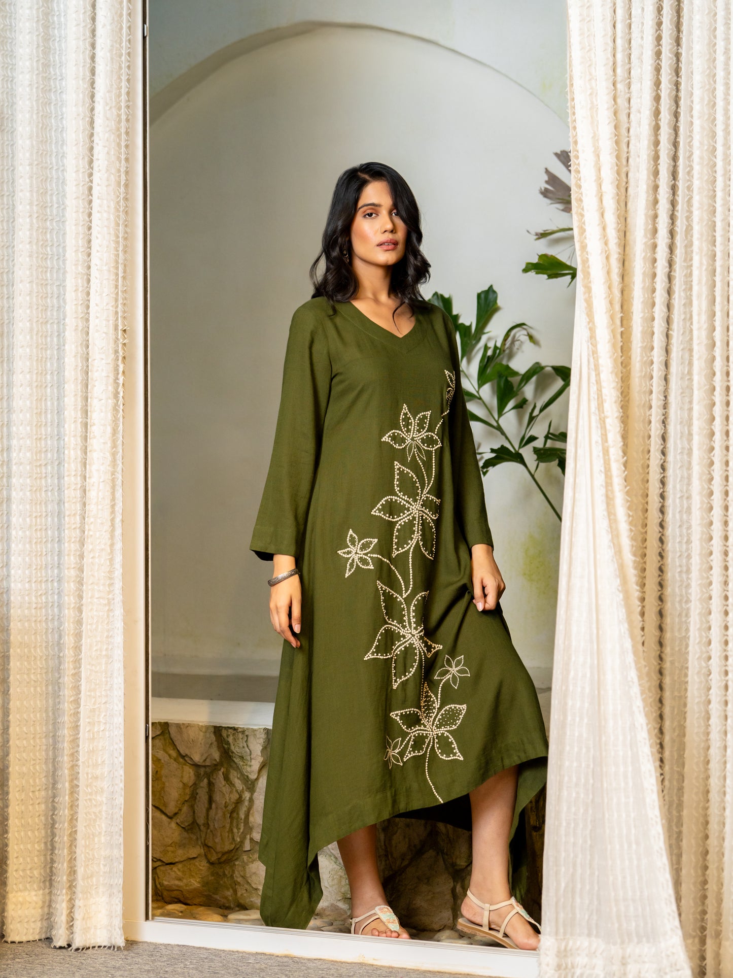 Seaweed Green Hand Crafted Airy Linen Dress