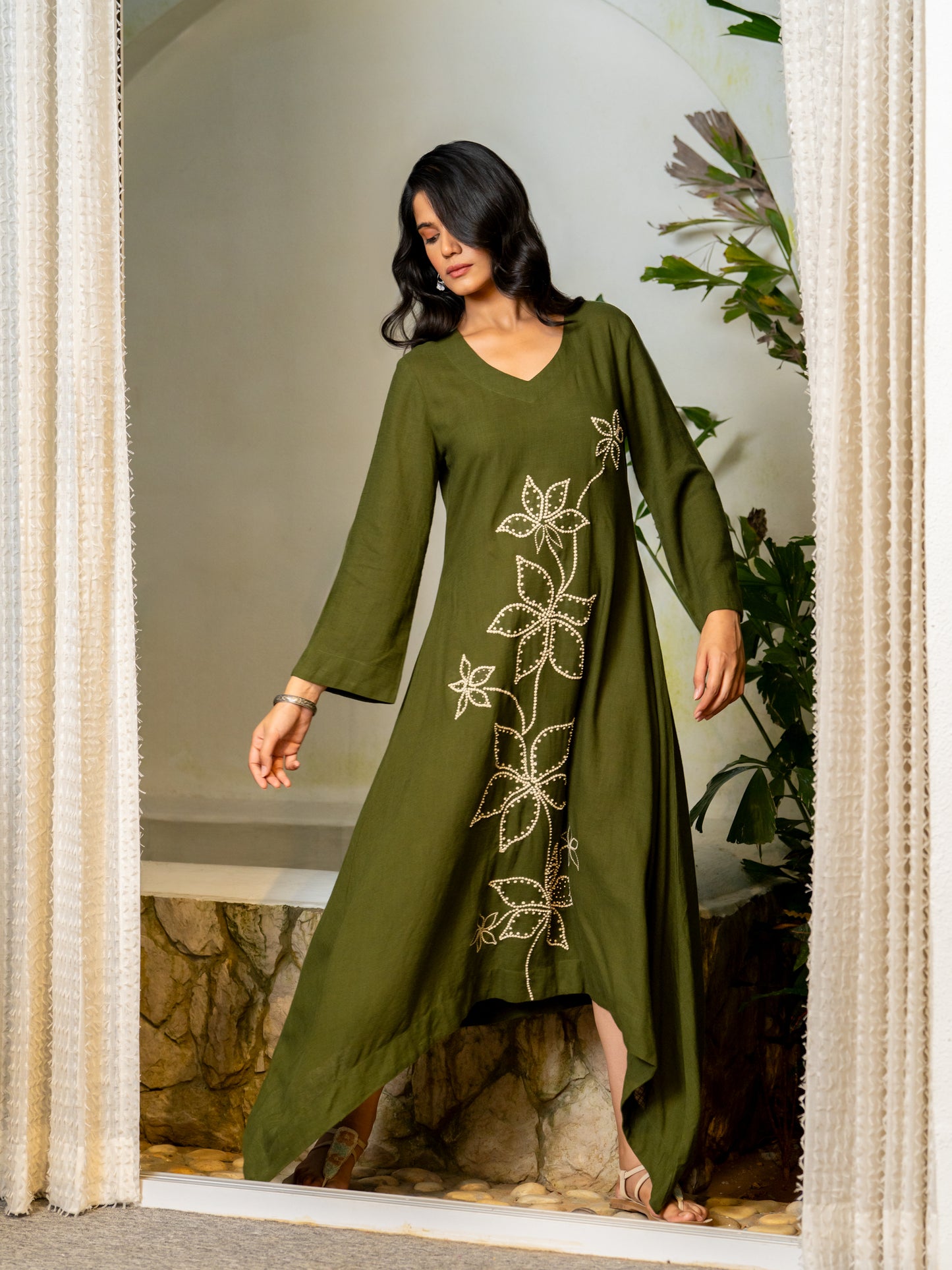 Seaweed Green Hand Crafted Airy Linen Dress