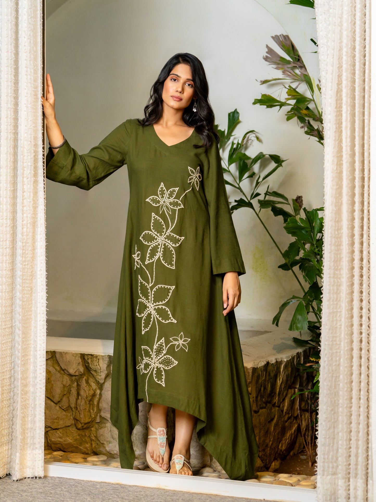 Seaweed Green Hand Crafted Airy Linen Dress