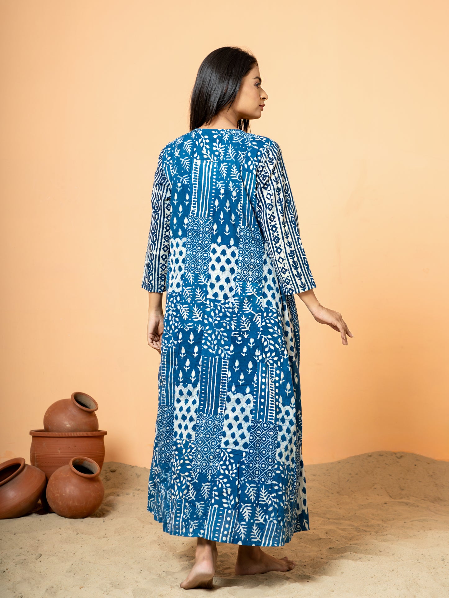 Indigo Blue Patch Work Anarkali Cotton Kurta