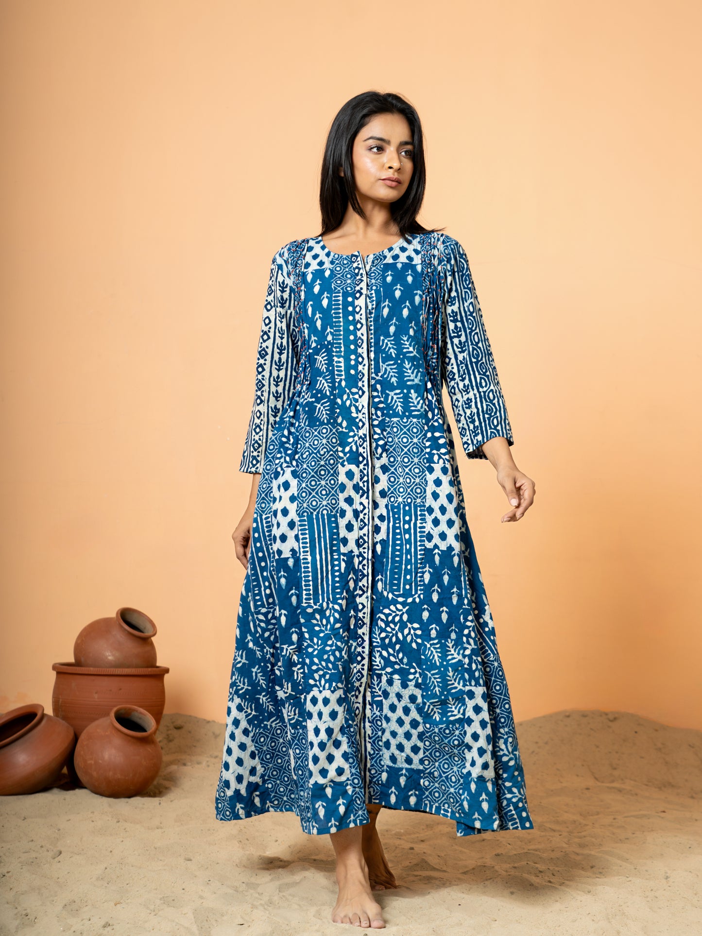 Indigo Blue Patch Work Anarkali Cotton Kurta