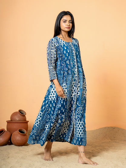 Indigo Blue Patch Work Anarkali Cotton Kurta