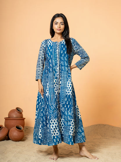 Indigo Blue Patch Work Anarkali Cotton Kurta