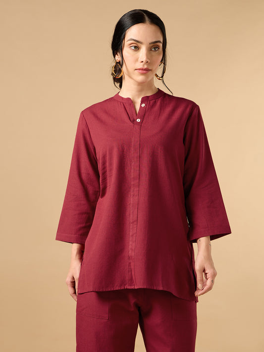 Classic Linen Maroon Short Kurta