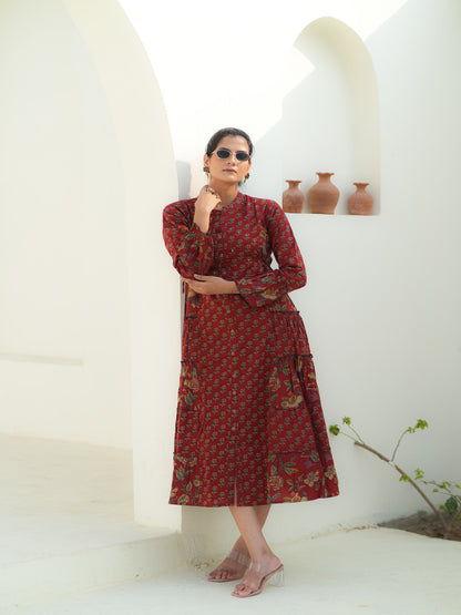 Cherry Red Floral Print Cotton Dress