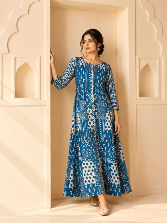 Indigo Blue Patch Work Anarkali Cotton Kurta