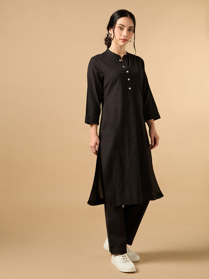 Classic Linen Black Straight Long Kurta