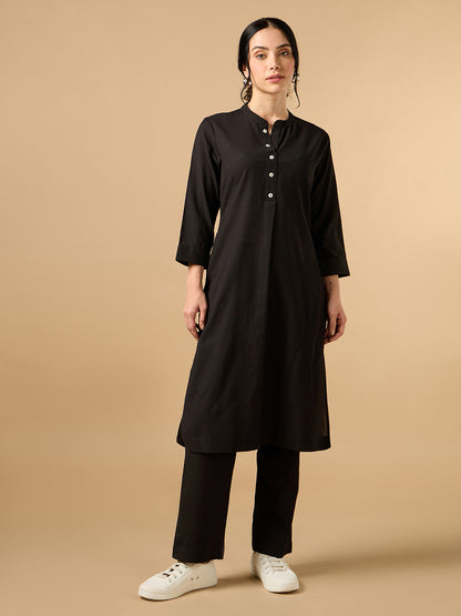 Classic Linen Black Straight Long Kurta