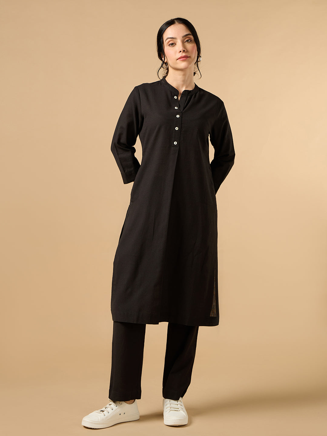 Classic Linen Black Straight Long Kurta