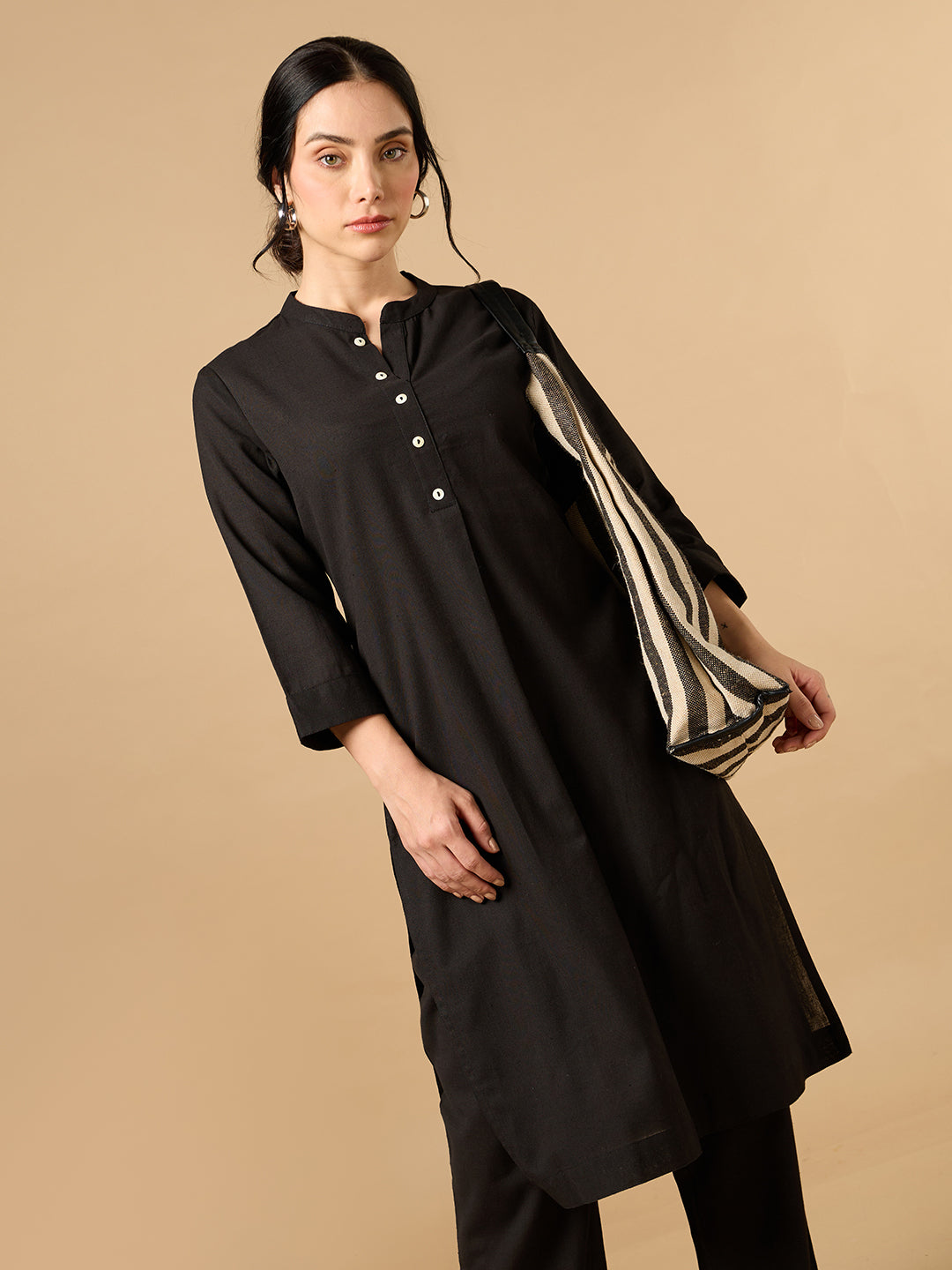 Classic Linen Black Straight Long Kurta