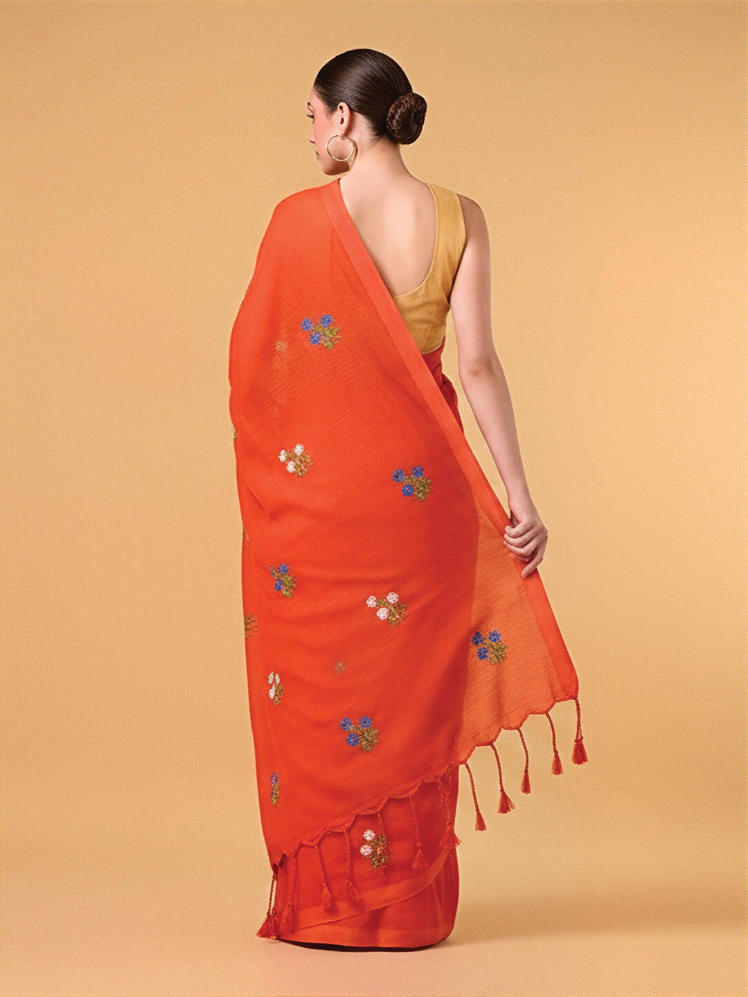 Saffron Floral Embroidered Cotton Saree
