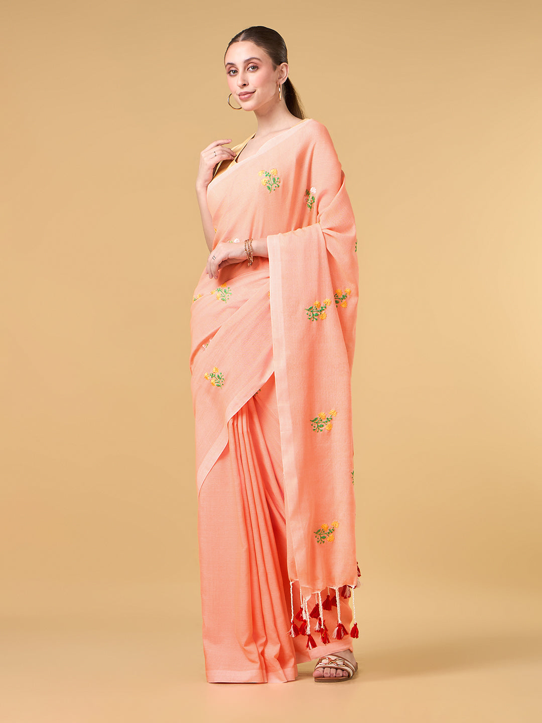 Pastel Orange Floral Embroidered Cotton Saree