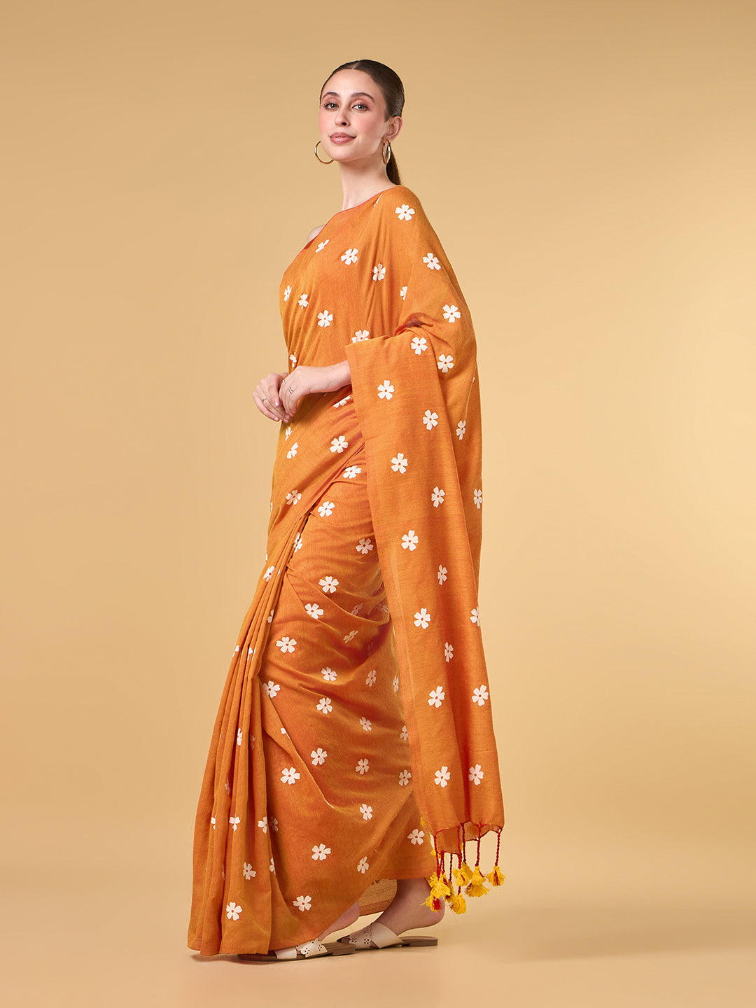 Saffron Parijat Handpainted Cotton Saree