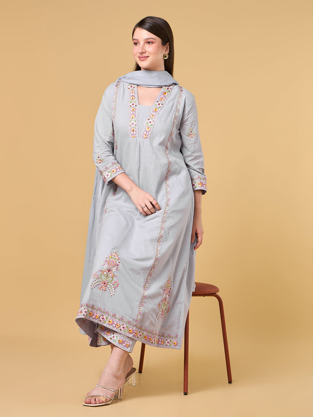 Grey Embroidered Cotton Suit